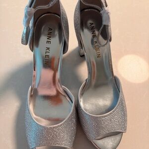 Anne Klein Silver Rhinestone Peep-Toe Ankle-Strap Heels